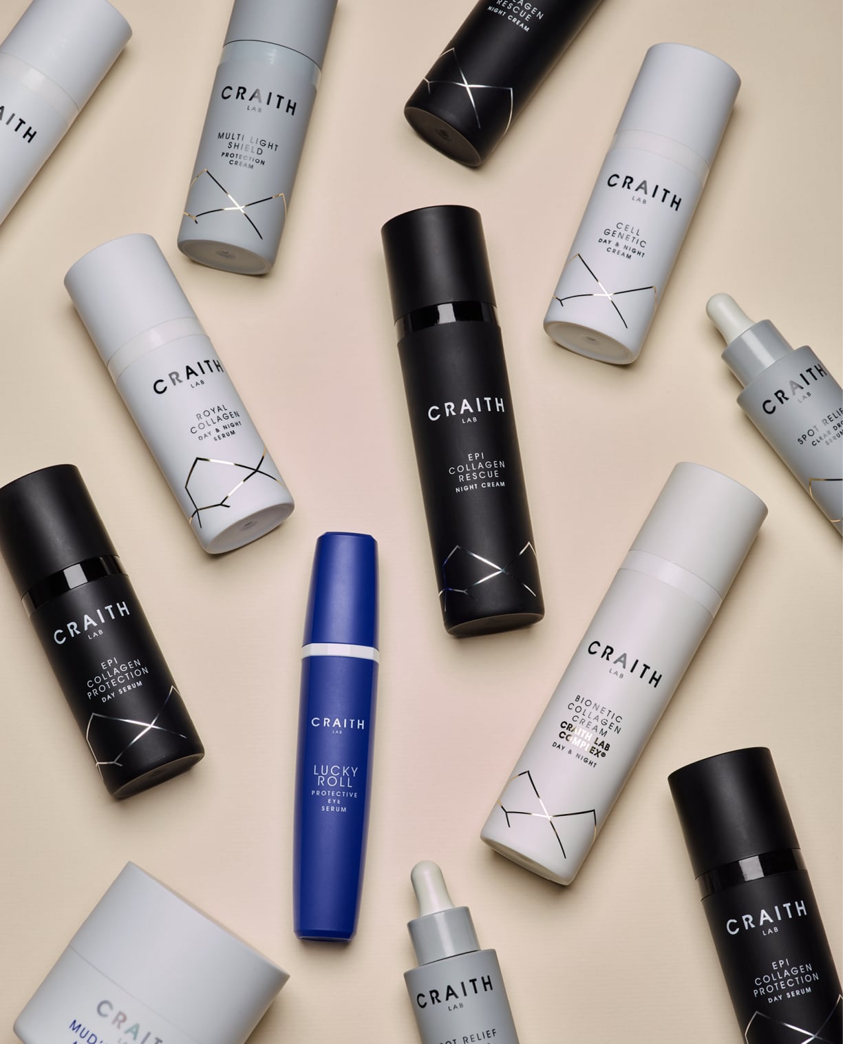 CRAITH-LAB-Produkte in Schwarz, Weiß und Blau auf hellem Hintergrund