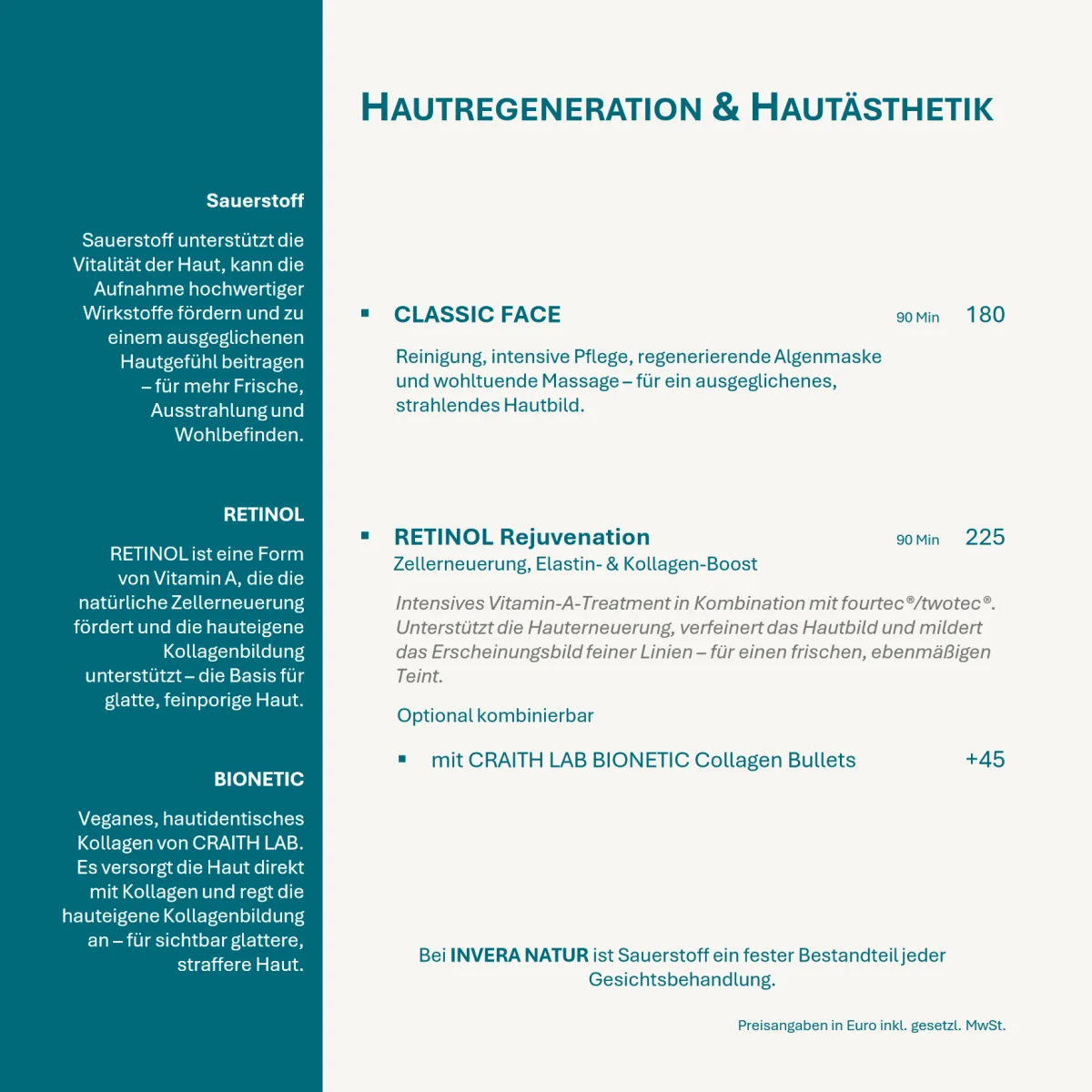 Seite 3: Hautregeneration und Hautästhetik: Classic Face und Retinol Rejuvenation mit Preisen.