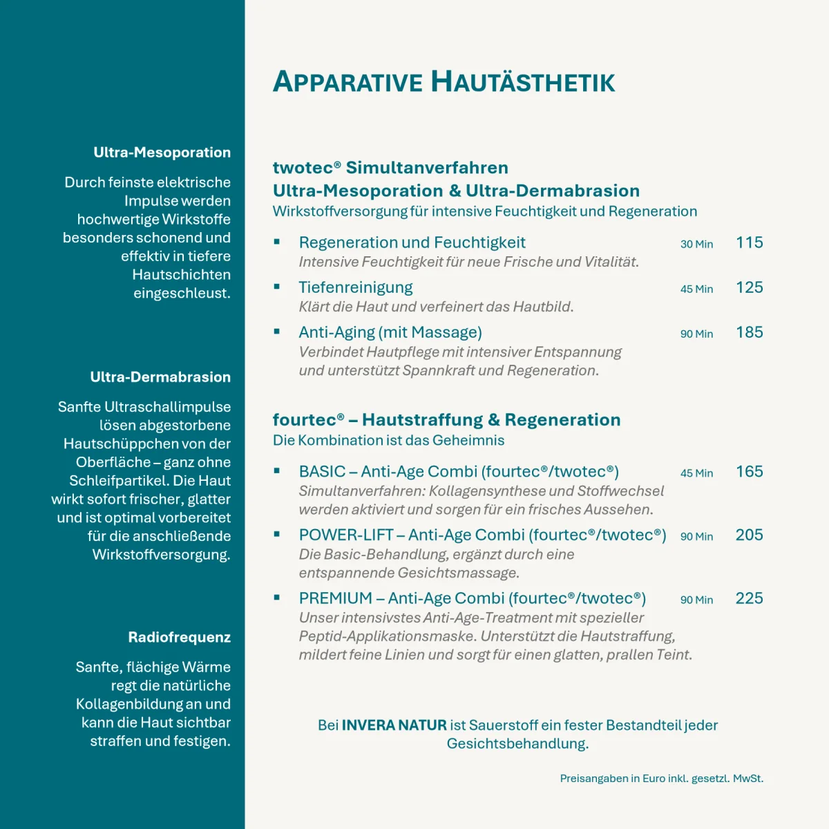 Seite 4: Apparative Hautästhetik: twotec und fourtec Behandlungen mit Dauer und Preisen.