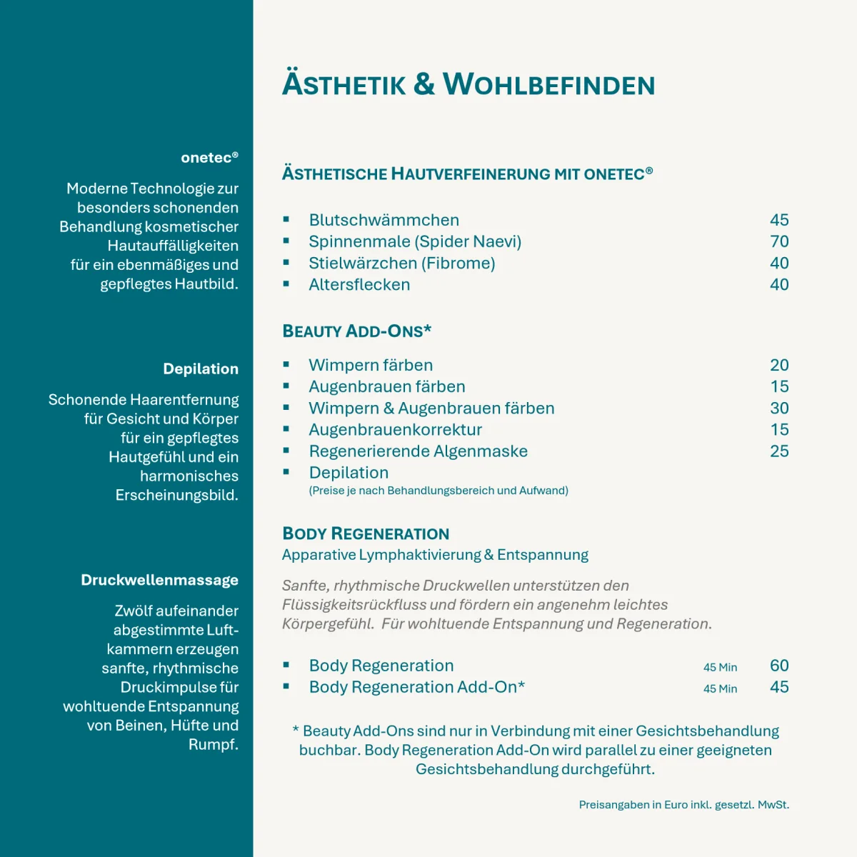 Seite 5: Ästhetik und Wohlbefinden: onetec, Beauty Add-Ons und Body Regeneration mit Preisen.