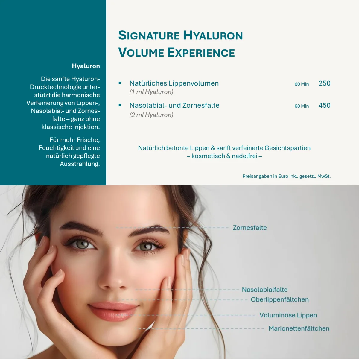 Seite 6: Signature Hyaluron Volume Experience: Lippenvolumen und Nasolabial- und Zornesfalte mit Preisen.