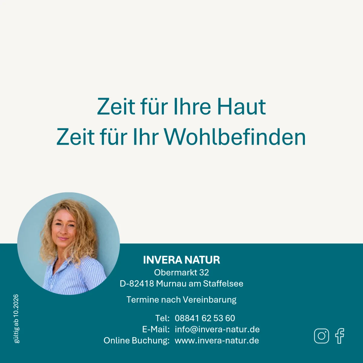 Seite 8: Rückseite: Kontaktdaten und Öffnungshinweis von INVERA NATUR, gültig ab Oktober 2026.